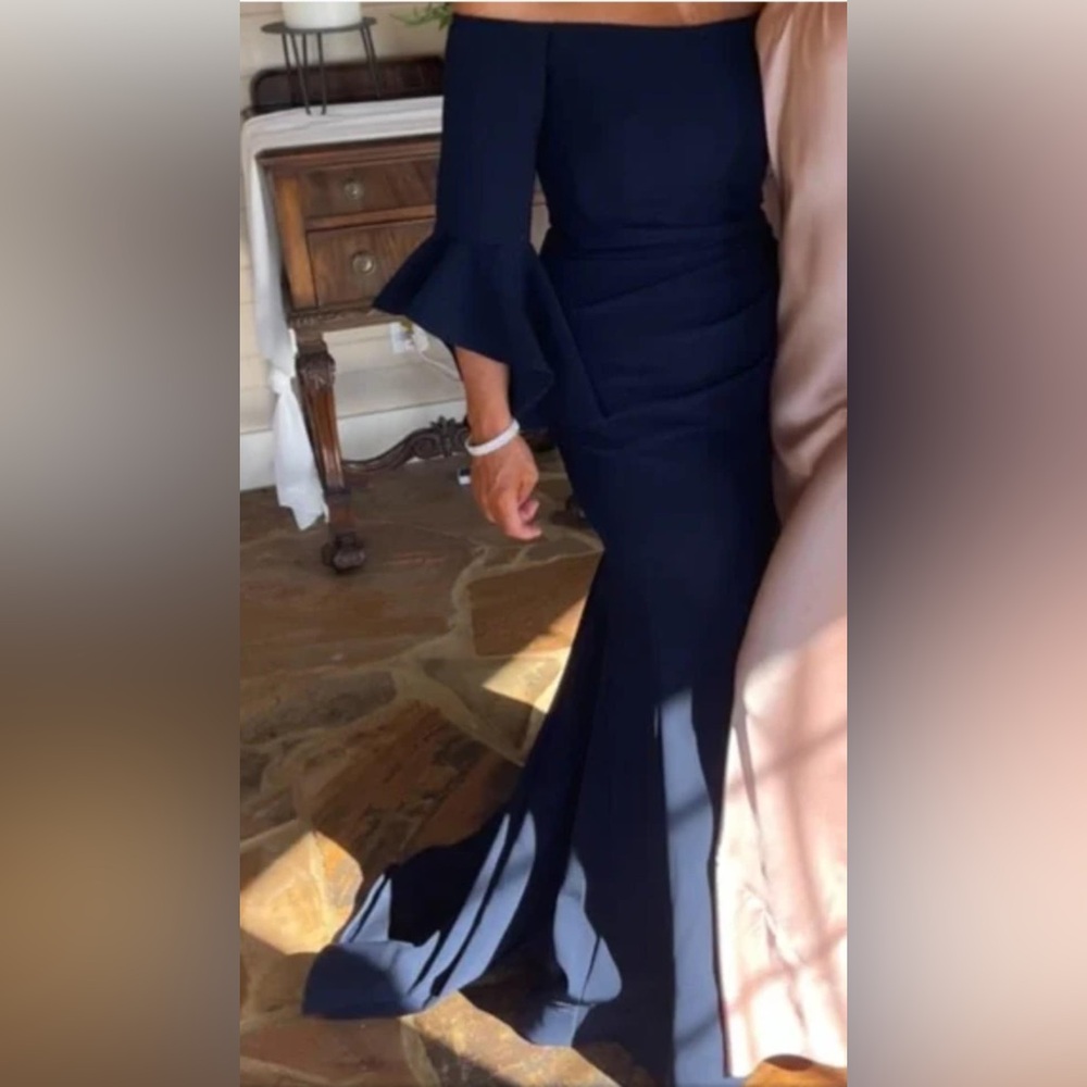 Jovani Off-Shoulder Navy Evening Gown with Ruffled Bell Sleeves - Picture 3 of 3